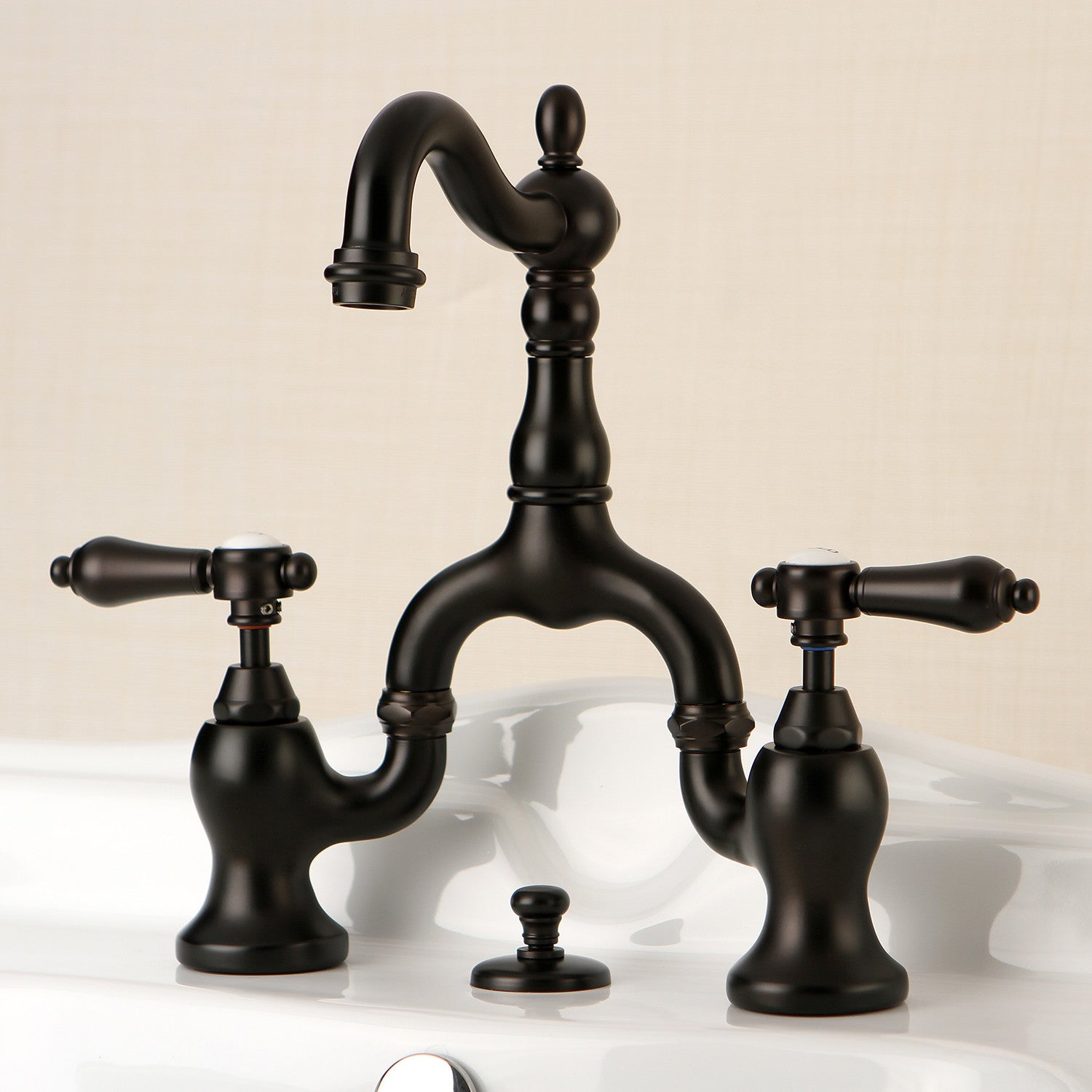 Kingston Heirloom KS7975BAL - Heirloom Two-Handle 3-Hole Deck Mount Bridge Bathroom Faucet with Brass Pop-Up, Oil Rubbed Bronze — thumbnail 2